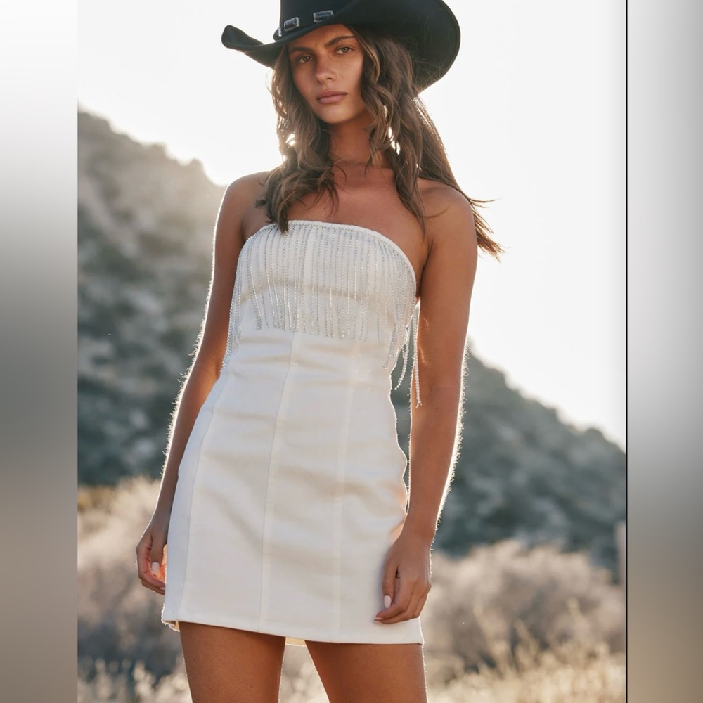 Sparkle Fringe White Strapless Dress
